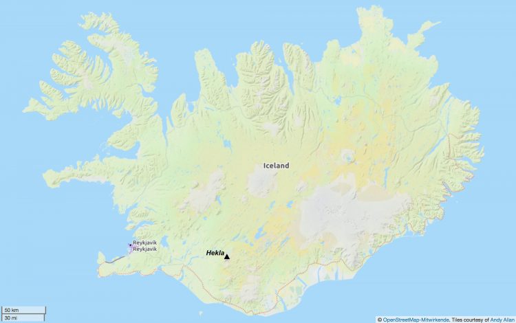 Die Hekla ist ein Vulkan im Süden von Island. Auf dieser Karte finden Sie die Position des Vulkans.